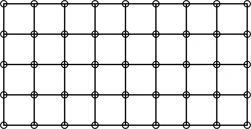 A 8-by-4 grid made of squares, with a pebble in the corner of each square.