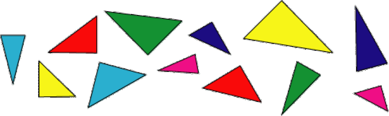 Triangles of different colours, shapes and sizes.