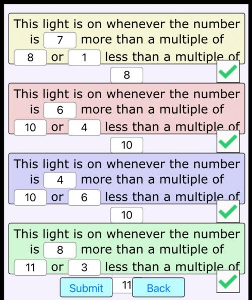 Four rules. The rule for the red bulb is that the number is 6 more than a multiple of 10. The rule for the blue bulb is that the number is 4 more than a multiple of 10.