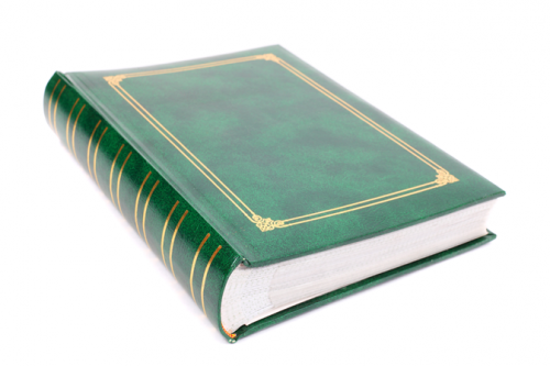 A book, closed, with no writing on the front cover.