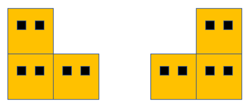 The first house has two rooms on the ground floor and one room on top of the left room. The second house has two rooms on the ground floor and one room on top of the right room.