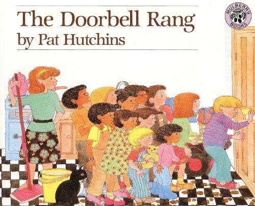 The cover of 'The Doorbell Rang'. Lots of children are going to answer the door while a woman watches them.