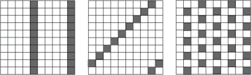 First grid is has two coloured lines in columns 5 and 10. Second grid has ninth diagonal coloured in, and the 18th diagonal as well. Final grid is checker-like.