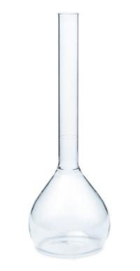 A volumetric flask, with a roughly spherical bottom and a long, thin top.