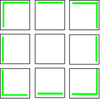 An example of how a large 3 by 3 square would be made of smaller tiles, with green on the edge of this large square.