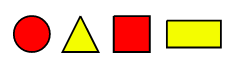 Red square, yellow triangle, red square, yellow rectangle.