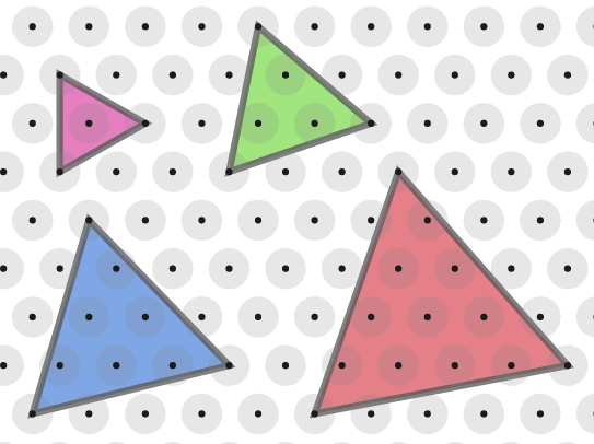 The diagram shows equilateral triangles of various sizes, all with their left bottom corner one row lower on the grid than their right bottom corner.