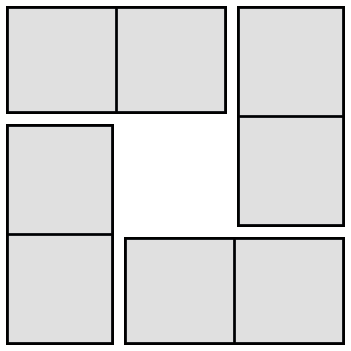 4 blank dominoes arranged in a square with one domino and half of another domino making up one side of the square.
