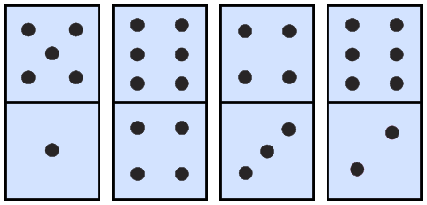 Domino with 5 dots and 1 dot; domino with 6 dots and 4 dots; domino with 4 dots and 3 dots; domino with 6 dots and 2 dots.