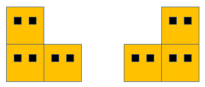 The first house has two rooms on the ground floor and one room on top of the left room. The second house has two rooms on the ground floor and one room on top of the right room.