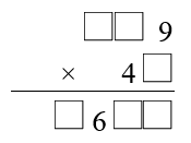 A 3-digit number ending with 9 multiplied by a 2-digit number starting with 4 equals a 4-digit number which has 6 as its second digit.