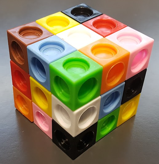 A cube of side length 3 made up of smaller unit cubes, with properties as described in the text.