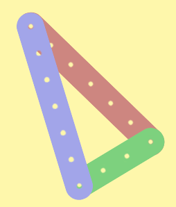 An isosceles triangle made of 2 strips of length 7 and 1 strip of length 4.