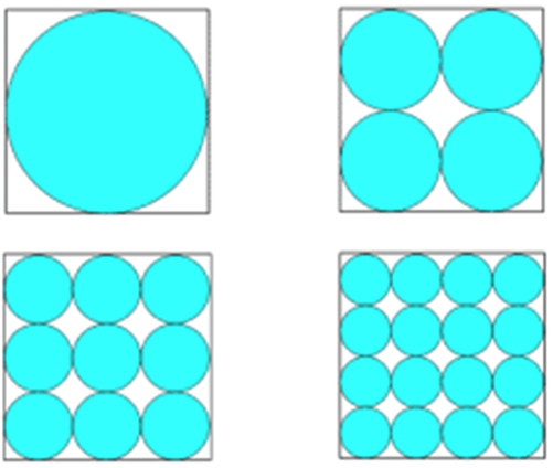 4 unit squares, each of which has 1, 4, 9, 16 smaller circles of equal sizes.
