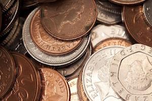 A pile of British coins.