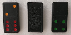 The first domino has 2 dots and 6 dots. The second domino is blank. The third domino has 0 dots and 4 dots.