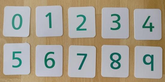 Ten cards, each showing one of the digits from 0 to 9.