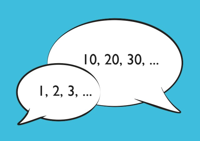 Two speech bubbles. One has the numbers 10, 20, 30, ... and another has the numbers 1, 2, 3, ...