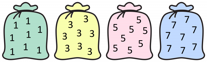 4 bags. Each is filled with a large number of ones, threes, fives, or sevens.