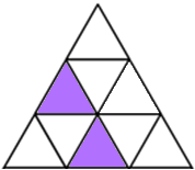 An equilateral triangle that is split into 9 smaller equilateral triangles. Consider the smaller triangles in 3 rows, with one triangle on the first row, 3 on the second row, and 5 on the third row. On the second row, the first triangle from the left is shaded. On the third row, the middle triangle is shaded.
