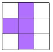 A 3 by 3 square grid. There are 9 squares in total. In the top row, the second square is shaded. In the middle row, the first and second squares are shaded. In the bottom row, the second square is shaded.