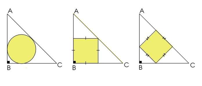 A right angled isoceles triangle, with a circle inscribed such that its touching all 3 edges; a square inscribed so it shares the right angled corner and is as big as possible without leaving the triangle; and a square which shares the hypotenuse edge and is inside the triangle.