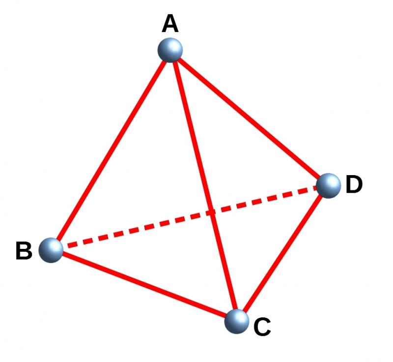 A red tetrahedron drawn in 3D, with vertices A, B, C and D