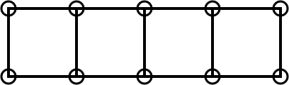 A row of four squares with a total of 10 pebbles, one in each corner.