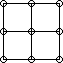 4 squares. Each square shares a side with two other squares. There are a total of 9 pebbles, one in each corner.