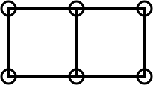 Two squares which share one side, with a total of 6 pebbles in the corners.