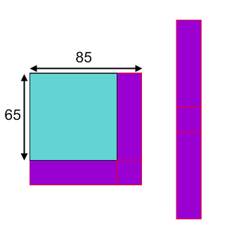 Square of length 85. In the top left corner of this square is a blue square of length 65. The area in the larger square but not in the smaller square is purple and can be rearranged to form a long purple rectangle.