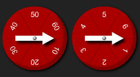 The first spinner has numbers 10, 20, 30, 40, 50, and 60. The second spinner has numbers 1, 2, 3, 4, 5, and 6.