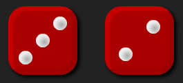 Two red dice showing the numbers 3 and 2.