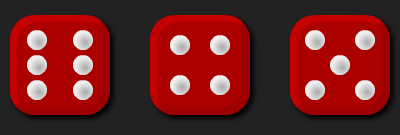 Three red dice showing the numbers 6, 4 and 5.