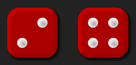 Two red dice showing the numbers 2 and 4.