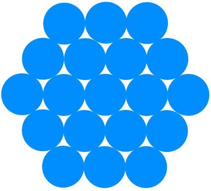 A hexagon made of blue circles in layers. The layers are: 3, 4, 5, 4, 3.