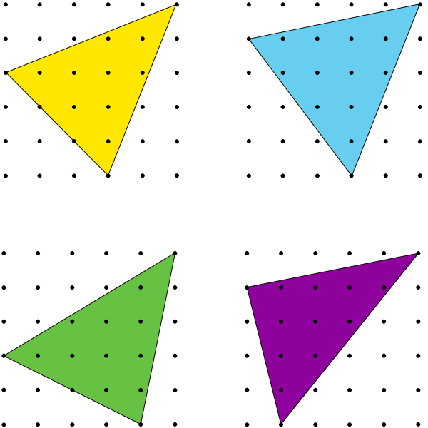 4 triangles, each with a vertex on the coordinate (5,5), one on each of the x and y axis. They are: (3,3), (3, 4), (4,2), (1,4). Eg (4,2) means the vertices are (0,4), (2,0) and (5,5).