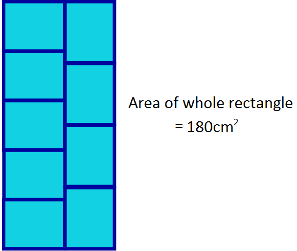 The area of 9 rectangles is 180cm squared, and the 4 times the base of one rectangle is equal to 5 times its height.