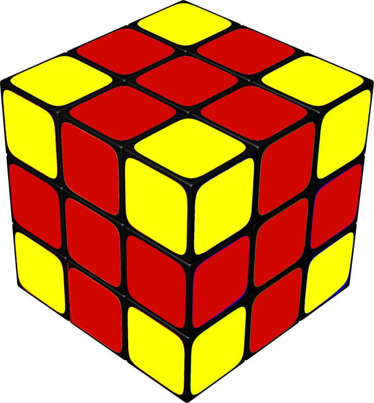 A 3 by 3 cube made up of smaller plainly coloured unit cubes. Only the cubes which are the corners of the large cube are coloured yellow, the rest are red.