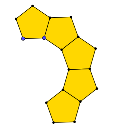 5 pentagons joined together side by side with one shared side between two adjacent pentagons, so that the two pentagons on either end are only joined to one other pentagon.