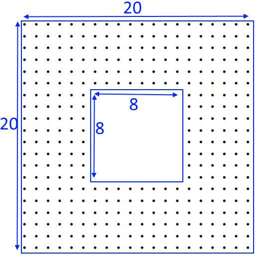 The first hollow square with arrows showing the length of the outer square is 20 dots, while the inner square has 8 dots which are removed.