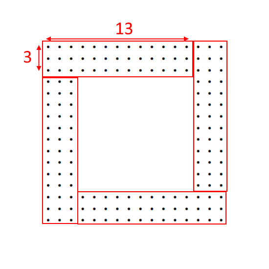 The second hollow square split into 4 rectangular grids which are each 13 by 3 dots.