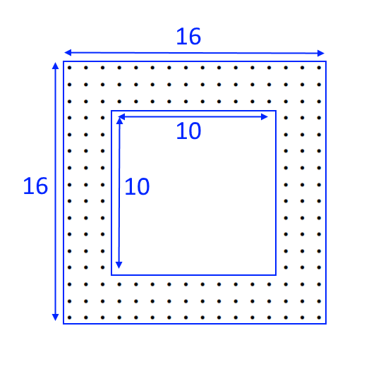 The first hollow square with arrows indicating the length of the outer square is 16 dots, while the inner square has 10 dots which are removed.