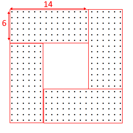 The first hollow square split into 4 rectangular grids which are each 14 by 6 dots.