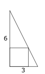 The diagram is explained in the text. It shows a right-angled triangle with base length 3 and height 6. A square is in the triangle, sharing two sides and a right angle, and one corner touches the hypotenuse.