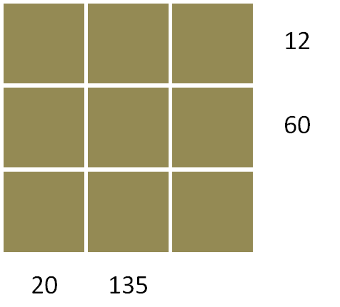 A 3 by 3 grid. The products of the first and second rows are 12 and 60 respectively. The products of the first and second columns are 20 and 135 respectively. The products of each of the third row and third column are not given.