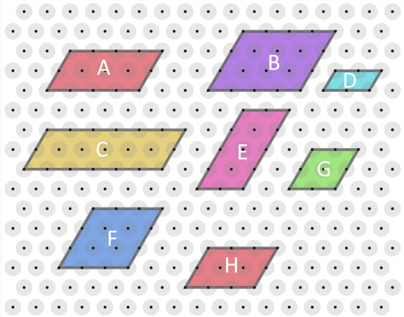 An isometric grid of dots with parallelograms: A is 4 by 2, B is 4 by 3, C is 6 by 2, D is 2 by 1, E is 2 by 4, F is 3 by 3, G is 2 by 2, H is 3 by 2.