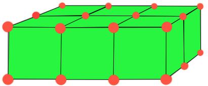 Six cubes with red spheres on their vertices, stuck together in a 3-by-2-by-1 arrangement.