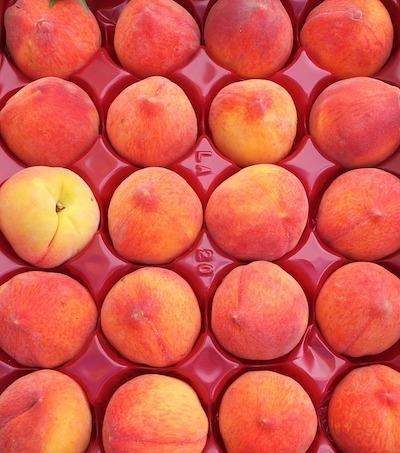 Punnet of peaches in a 5 by 4 grid, fully packed.
