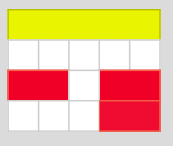 Row 1: 1 yellow rod of 5 units. Row 2: 5 white rods of one unit. Row 3: 1 red rods of 2 units, 1 white rod, 1 red rod. Row 4: three white rods, 1 red rod.
